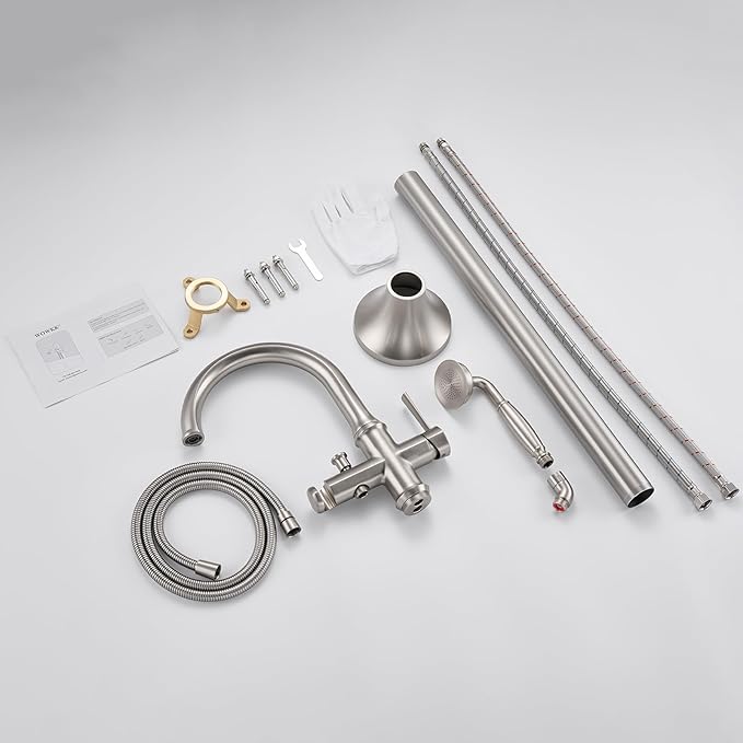 Freestanding Tub Faucet Floor Mount Tub Filler Brushed Nickel Free Standing Bathtub Faucet Brass Bath Faucet with Hand Shower