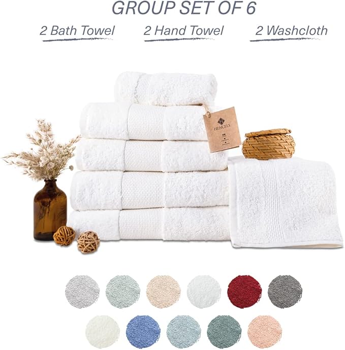 Hencely 6-Piece Bath Towel Set - High Absorbency, Quick Drying - 100% Soft Turkish Cotton - 2 Bath Towels, 2 Hand Towels, 2 Washcloths - for Bathroom, Home, Hotel, Spa, and Gym - 6-Pack White