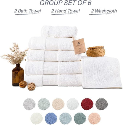 Hencely 6-Piece Bath Towel Set - High Absorbency, Quick Drying - 100% Soft Turkish Cotton - 2 Bath Towels, 2 Hand Towels, 2 Washcloths - for Bathroom, Home, Hotel, Spa, and Gym - 6-Pack White