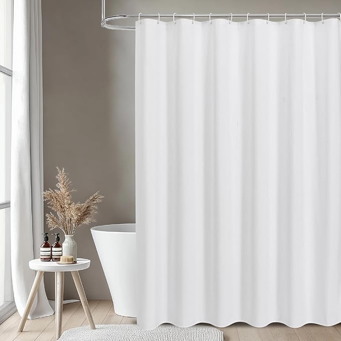 2-in-1 Waterproof Extra Long Fabric Shower Curtain or Liner,Linen Textured,84 Inch Breathable TPU & Washable Bathroom Shower Curtain Set with 12 Plastic Hooks,Modern,72"x84",White