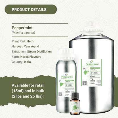 Peppermint Essential Oil - Direct from Norex Flavours India - Steam Distilled - Aceite Esencial de Menta for Aromatherapy, Massage, Diffuser, DIY Candle and Soap Making - 15ml