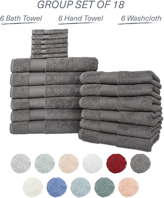 Hencely 18-Piece Bath Towel Set - High Absorbency, Quick Drying - 100% Soft Turkish Cotton - 6 Bath Towels, 6 Hand Towels, 6 Washcloths - Bathroom, Home, Hotel, Spa, and Gym - 18-Pack Gray