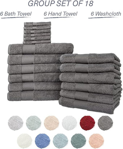 Hencely 18-Piece Bath Towel Set - High Absorbency, Quick Drying - 100% Soft Turkish Cotton - 6 Bath Towels, 6 Hand Towels, 6 Washcloths - Bathroom, Home, Hotel, Spa, and Gym - 18-Pack Gray
