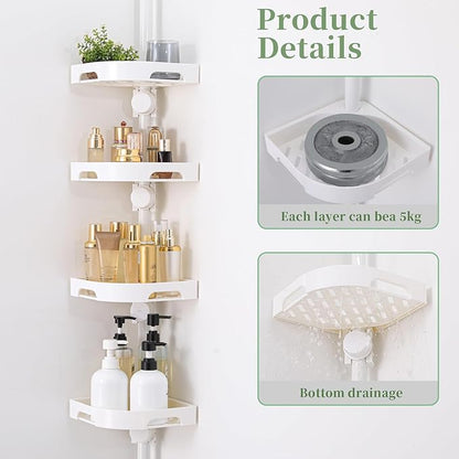 Tension Pole Shower Caddy Organizer with 4 Tier L-Shaped Rust Resistant Bathroom Corner Shelves with 34-124 Inch Adjustable No Drilling Quick Install Shower Rack for Bath Essentials (White)