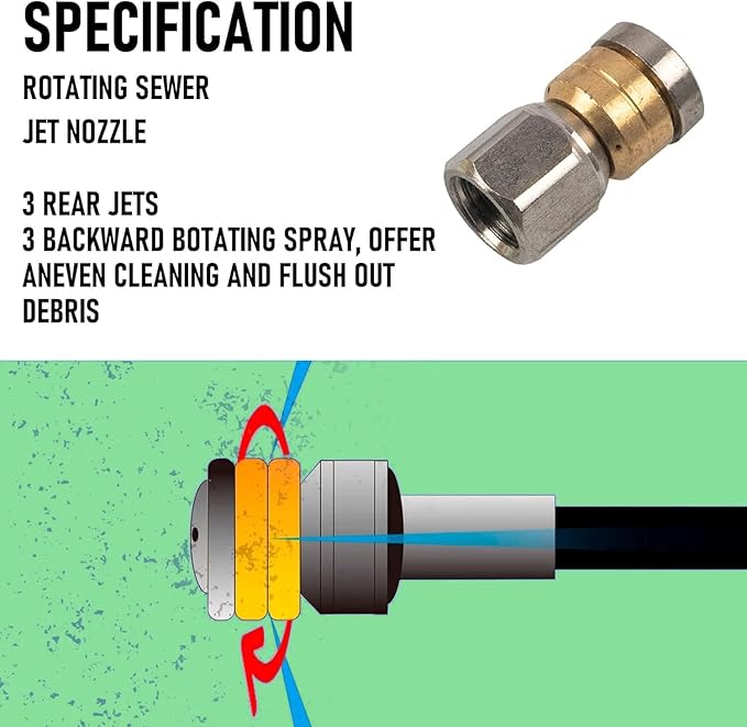 Hourleey Sewer Jetter Kit for Pressure Washer 200FT, 4000 PSI Drain Cleaner Hose 1/4 Inch NPT, Corner Rotating and Button Hose Sewer Jetting Nozzle Pearl Corsage Pin Tape Handle Strap Spanner, Green