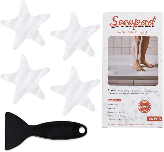 Anti Slip Shower Stickers 24 PCS Safety Bathtub Strips Adhesive Decals with Premium Scraper(White Star)