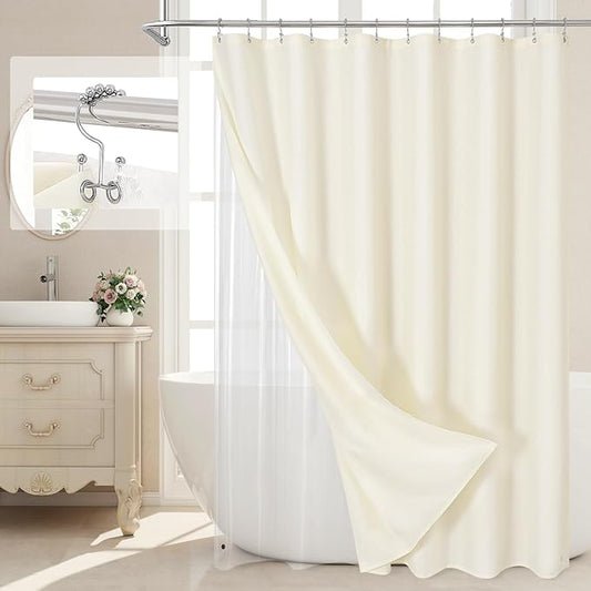 MitoVilla 3 in 1 Shower Curtain Set, Cream Boho Farmhouse Linen Textured Bath Curtain and Clear PEVA Liner Set with 12 Double Sided Steel Hooks, Waterproof Fabric Hotel Bathroom Curtain - 72x72