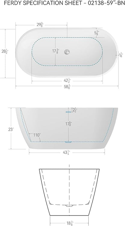 FerdY 59" Bali Elite Acrylic Freestanding Bathtub, Gracefully Shaped Freestanding Soaking Bathtub, cUPC Certified, Toe-Tap Chrome Drain and Minimalist Linear Design Overflow Included