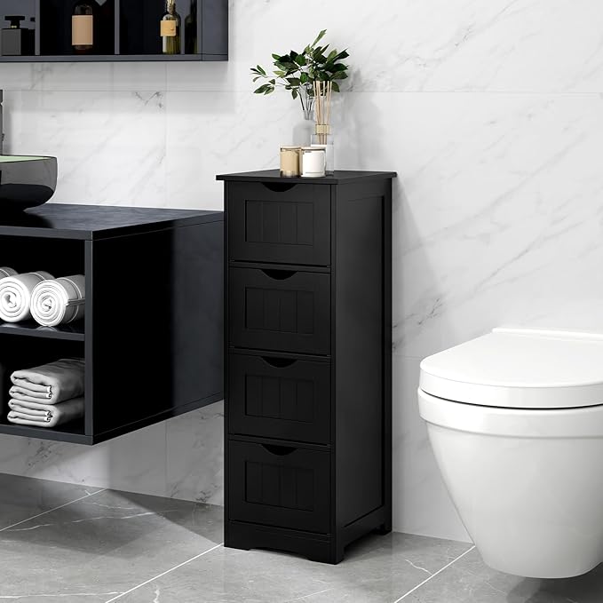 Tangkula Bathroom Floor Cabinet, Freestanding Narrow Side Storage Organizer with 4 Drawers, Multifunctional Towel Cabinet with Anti-Tip Kit for Living Room Laundry Entryway (4 Drawers, Black)