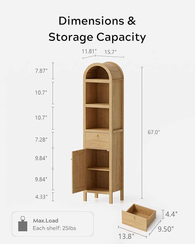 67" Tall Arched Bathroom Narrow Storage Cabinets Set of 2 with Adjustable Shelf, Farmhouse Freestanding Tower Cabinet with Door and Drawer for Kitchen, Living Room, Natural Oak