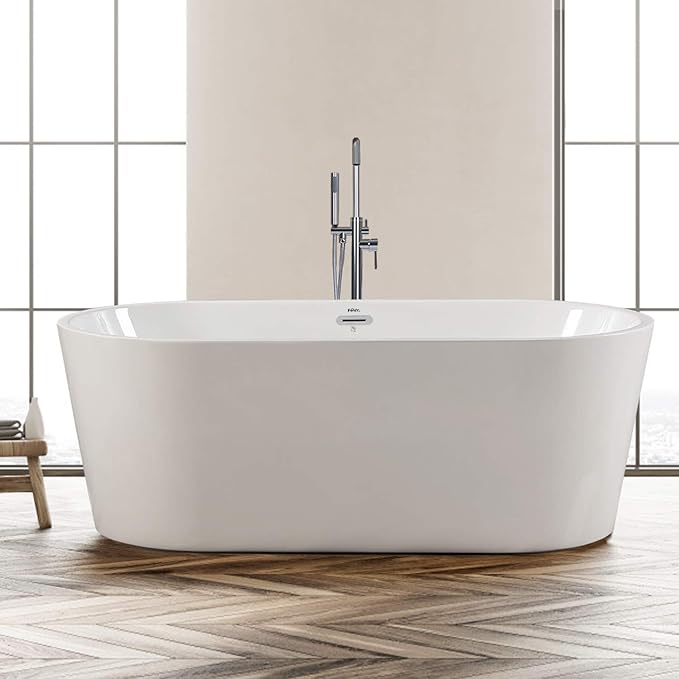 FerdY Luzon 67" Acrylic Freestanding Bathtub, Ergonomic Lightweight Classic Oval Soaking Bathtub with Chrome Drain, Classic Slotted Overflow, Modern White