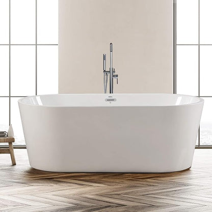 FerdY Luzon 67" Acrylic Freestanding Bathtub, Ergonomic Lightweight Classic Oval Soaking Bathtub with Chrome Drain, Classic Slotted Overflow, Modern White