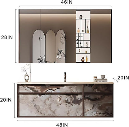 48IN Modern Bathroom Vanity with Sink - Bathroom Vanity with Drawer Organizer, LED Mirror Lights & Defogging Function | Wall - Mounted Vanity with Silver Sink Faucet