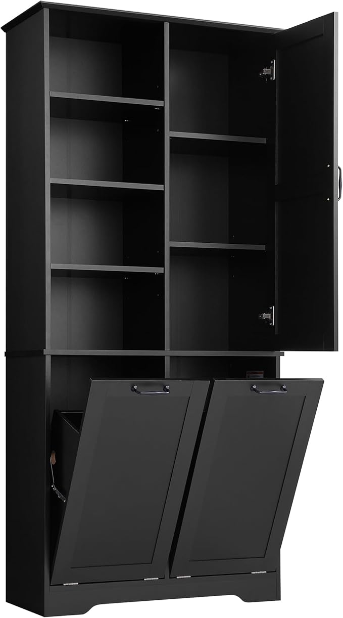 Favfurish 68" Tall Bathroom Storage Cabinet with Door and 2 Tilt-Out Laundry Hampers,Modern Linen Cabinets w/Open Shelf & Adjustable Shelves,Freestanding Organizer for Laundry Room,Kitchen,Black