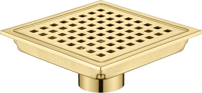 6 Inch Square Shower Floor Drain, Brushed Nickel High Flow Shower Drain Kit with Flange with Hair Filter, Removable Grate Cover, Stainless Steel, Abs Fixing Tray, CUPC Certified (Brushed Gold)