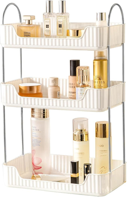 Bathroom Counter Cosmetic Organizer, 3 Tier-Cream White, Alloy Steel & PET Plastic, Rectangular, Tiered, Perfect for Toiletries & Cosmetics