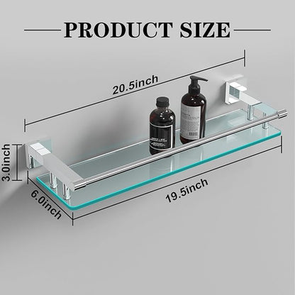 Glass Shelves for Bathroom, 20IN Rectangular Chrome Stainless Steel Tempered Glass Shelf Wall Mount Shelf Sink Over Toilet Modern Bathroom (Chrome Polished, 20‘’)