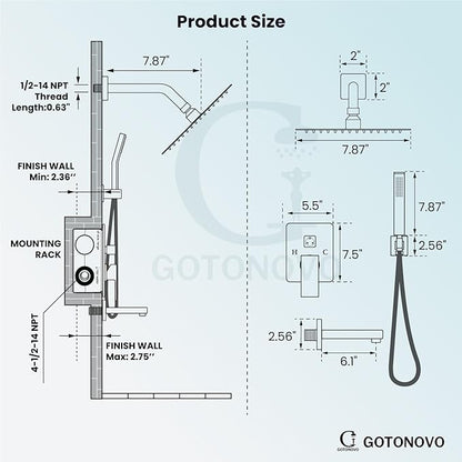gotonovo Shower System with Tub Spout Wall Mounted Rain Shower Head and Handle Combo Shower Faucet Set with Valve, 8 Inch, Brushed Nickel