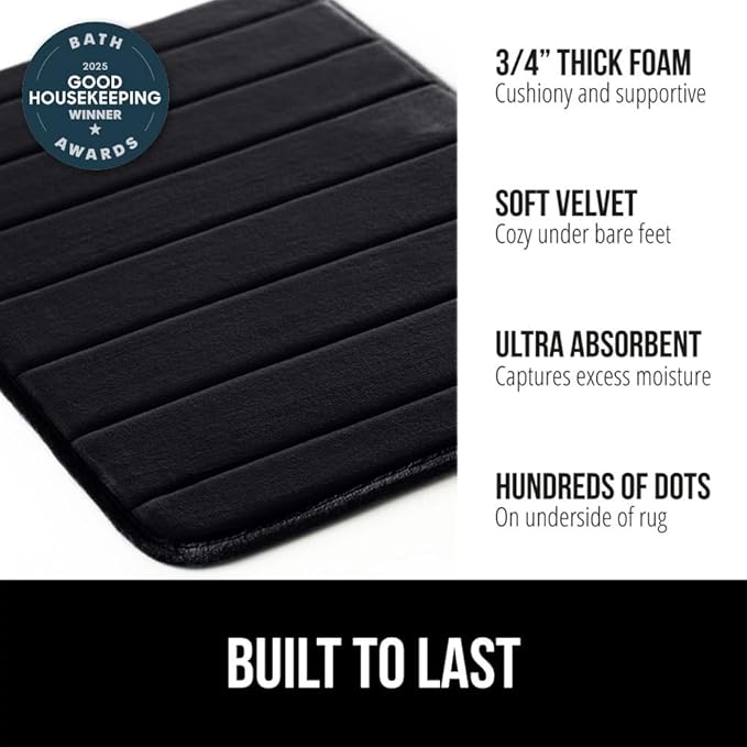 GORILLA GRIP Memory Foam Bath Mat, Soft Absorbent US Designed Bathroom Rug, Gripping Dots Machine Washable Bathmat, Cushioned Floor Mats, Shower Sink Rugs Room Décor Accessories, 30x20 Black