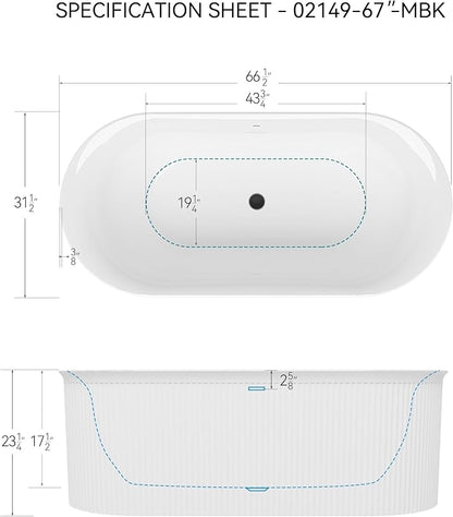 FerdY Nami 67" Acrylic Freestanding Bathtub, V Shape Freestanding Soaking Acrylic Bathtub, Modern White, cUPC Certified, Matte Black Pop-Up Drain