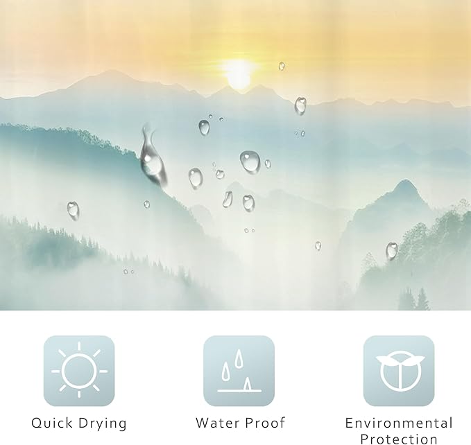Riyidecor Mountain Shower Curtain 72Wx72H Inch Green Sunrise Sunset Scenery Landscape Tree Nature Pine Scenic Woodland Greenery View Bathroom Decor Fabric Polyester Waterproof 12 Pack Hooks