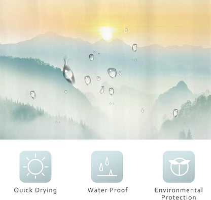 Riyidecor Mountain Shower Curtain 72Wx72H Inch Green Sunrise Sunset Scenery Landscape Tree Nature Pine Scenic Woodland Greenery View Bathroom Decor Fabric Polyester Waterproof 12 Pack Hooks