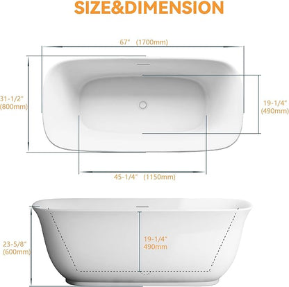 67" Acrylic Freestanding Bathtub, Soaking Tub for Bathroom, Stand Alone Tub, cUPC Certified, Integrated Overflow and Drain, Gloss White