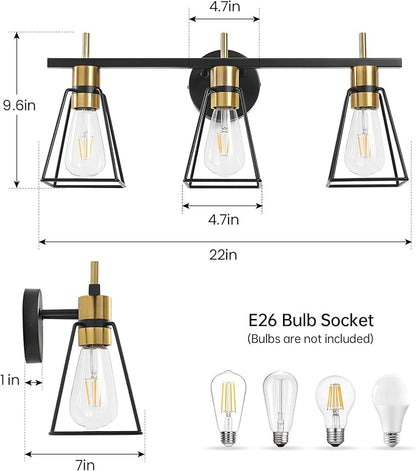 Industrial Bathroom Vanity Lights: 3-Light Black and Gold Vintage Metal Cage Wall Sconce - Rustic Farmhouse Wall Light Fixture Over Mirror Cabinet for Bedroom Living Room