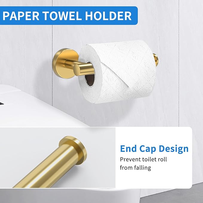 Brushed Gold Bathroom Accessories, Bathroom Hardware Set, SUS304 Stainless Steel Bathroom Towel Holder Set, 16 Inch Towel Bar Set 5 Pcs, 2 Towel Hooks, Toilet Paper Holder, Towel Ring