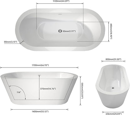 67" Acrylic Freestanding Bathtubs, Stand Alone Tub, Soaking Tubs for Bathroom, Integrated Overflow and Drain, cUPC Certified, Gloss White