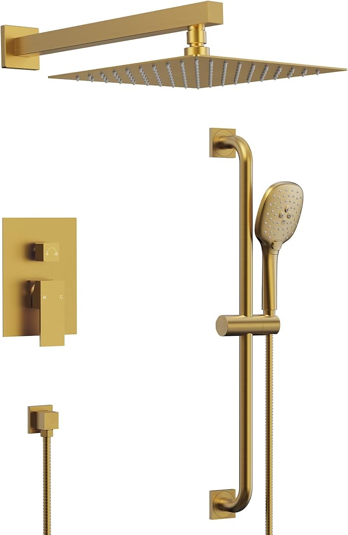 Brushed Gold 10 Inch Rainfall Shower System with Handheld Spray & Adjustable Slide Bar, Wall Mount Bathroom Shower Faucet Set, Valve Included
