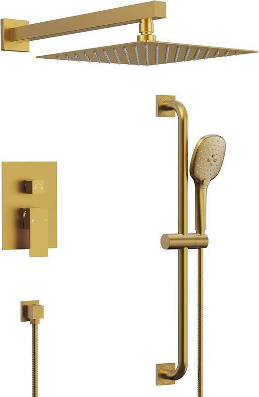 Brushed Gold 10 Inch Rainfall Shower System with Handheld Spray & Adjustable Slide Bar, Wall Mount Bathroom Shower Faucet Set, Valve Included