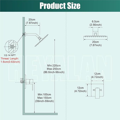Heyalan 8 Inch Shower Head and Handle Set Square Shower Faucet Set Bathroom Rainfall Shower System Stainless Steel Showerhead Single Function Shower Trim Kit,Female Thread Valve,Matte Black