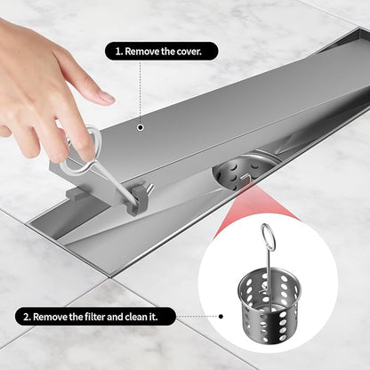 Linear Shower Drain, 304 Stainless Steel with Adjustable Leveling Feet, Hair Strainer,Reversely Install Place to Create an Invisible Floor Drain - Silver -48-Inch
