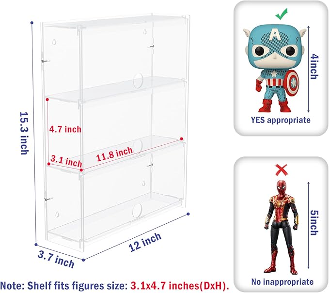 Choowin 3 Layer Wall Shelf Clear Acrylic Display Case for Collectibles, Mini Figures, Pop Mart, Labubu, Sonny Angel, Smiski - Assemble Dustproof Acrylic Display Box with Door (12x3.7x15.3 inch)