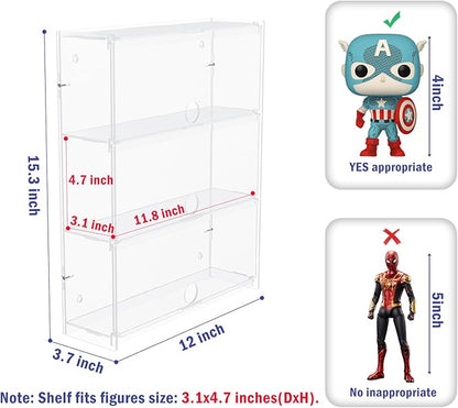 Choowin 3 Layer Wall Shelf Clear Acrylic Display Case for Collectibles, Mini Figures, Pop Mart, Labubu, Sonny Angel, Smiski - Assemble Dustproof Acrylic Display Box with Door (12x3.7x15.3 inch)