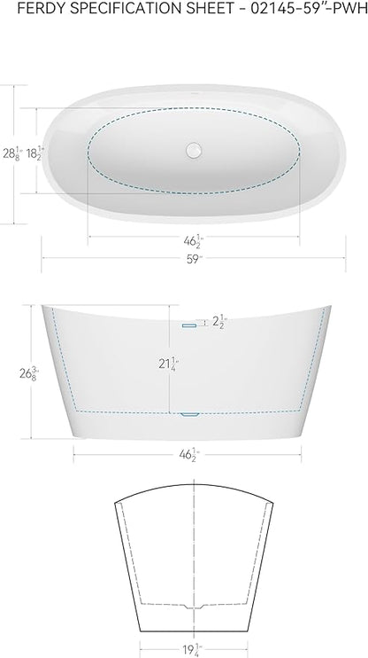 FerdY Naha Elite 59" Acrylic Freestanding Bathtub, Curve Edge Freestanding Soaking Bathtub, Glossy White, cUPC Certified, Polished White Drain & Minimalist Linear Design Overflow Included