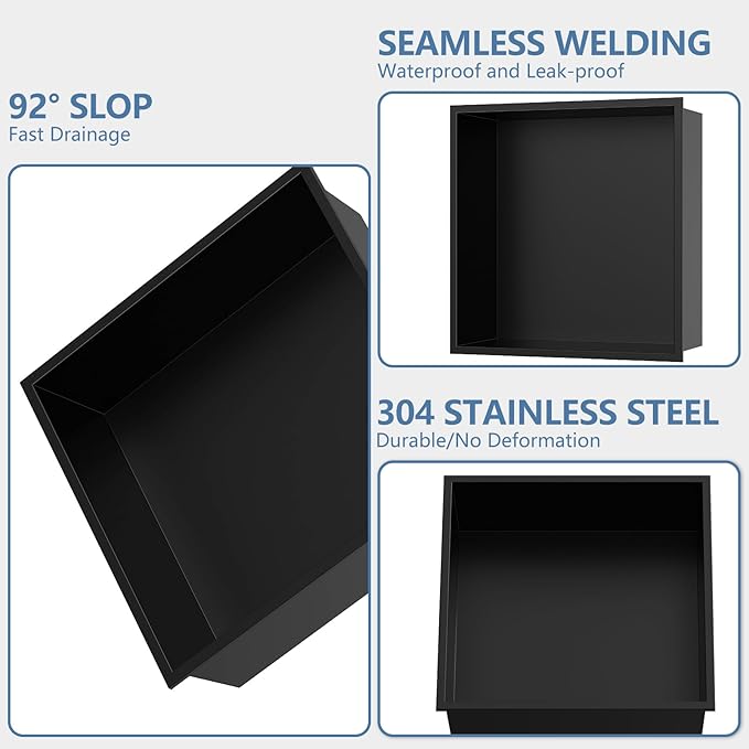 Homevacious 12“ x 12" x 4" Stainless Steel Shower Niche No Tile Needed Matte Black Bathroom Shelf Rimless Recessed Wall Niche for Bathroom Storage