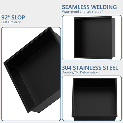 Homevacious 12“ x 12" x 4" Stainless Steel Shower Niche No Tile Needed Matte Black Bathroom Shelf Rimless Recessed Wall Niche for Bathroom Storage
