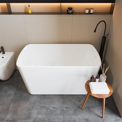 49" Acrylic Freestanding Soaking Bathtub, Matte Drain & Black Overflow, Modern Design Tub for Home Bathroom Renovations, Glossy White