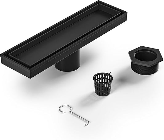 Linear Shower Drain 12", Matte Black Floor Drain with Tiled Insert Grate & Hair Strainer, 304 Stainless Steel Bathroom 2-in-1 Tiled in Drain, CUPC Certified (Matte Black, 12'')