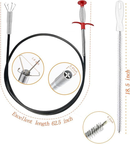 62.5inch Drain Snake Hair Clog Remover - Multi-Functional Drain Auger, Hair Catcher & Cleaning Brush for Kitchen, Bathroom, Sewer, Bathtub, Sunroof, and Dryer Vent