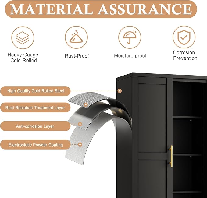 48" H Metal Kitchen Pantry Storage Cabinet, Freestanding Cupboard Storage Cabinet with Doors and Adjustable Shelves, Large Stand Up Food Cupboard for Living Room, Dinning Room, Black