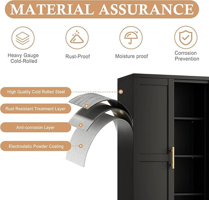 48" H Metal Kitchen Pantry Storage Cabinet, Freestanding Cupboard Storage Cabinet with Doors and Adjustable Shelves, Large Stand Up Food Cupboard for Living Room, Dinning Room, Black
