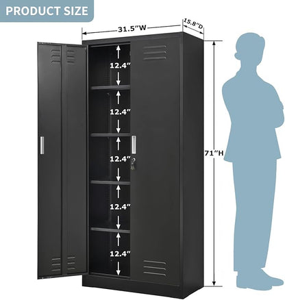 Metal Storage Cabinet with Locking Doors and Shelves, 71" Large Garage Locker with 4 Adjustable Shelves, Steel File Cabinet for Office, Garage, Home & Pantry (Black)