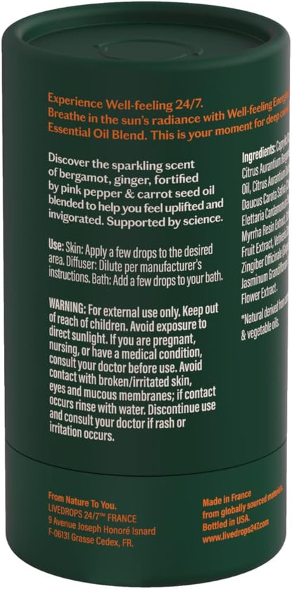 Livedrops 24/7 Energized Essential Oil Blend - Bergamot, Ginger, Pink Pepper - Natural Aromatherapy for Energy & Focus - Skin-Safe & Diffuser-Ready - Clinically Tested - Crafted in France