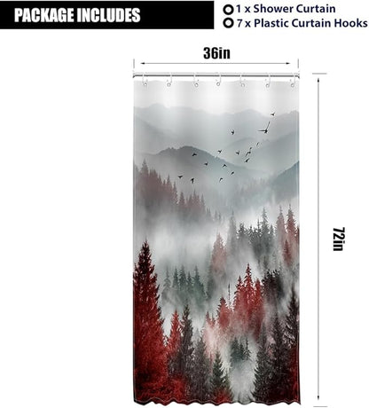 Riyidecor Stall Half Small Rv Shower Curtain 36Wx72H Inch Red Black Mountain Single Stand Up Camp Narrow Scenery Nature View Woodland Pine Tree Bathroom Decor Fabric Polyester Waterproof 7 Pack Hooks