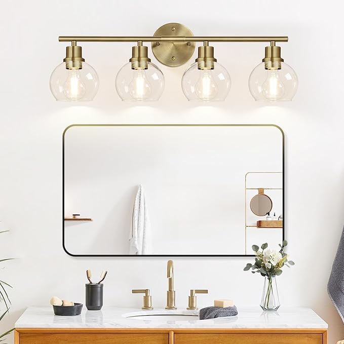 2024 Upgrade 4-Light Bathroom Light Fixtures, Brushed Brass Bathroom Lights Over Mirror with Clear Glass Globe Shade, Vanity Lights for Bathroom Kitchen Living Room Hallway Cabinet Bedroom Porch
