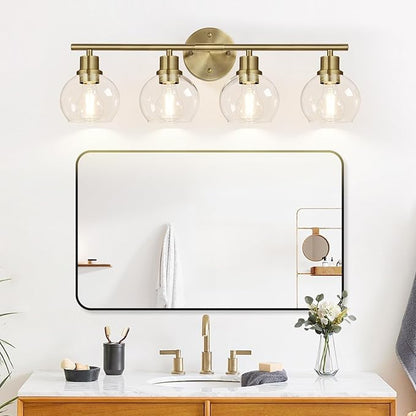 2024 Upgrade 4-Light Bathroom Light Fixtures, Brushed Brass Bathroom Lights Over Mirror with Clear Glass Globe Shade, Vanity Lights for Bathroom Kitchen Living Room Hallway Cabinet Bedroom Porch