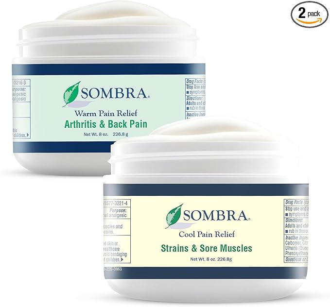 Sombra Warm & Cool Pain Relief Gel, Warm Relief for Arthritis and Chronic Pain Pre-Workout Muscle Rub, Cold for Swelling, Soreness, Post-Workout, Free of Artificial Fragrances, 8oz Per Jar